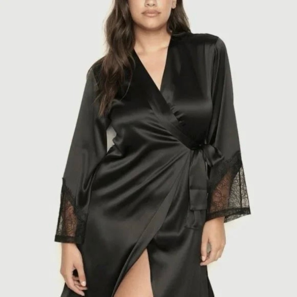 VICTORIA SECRET Black Satin Robe with Sheer Lace